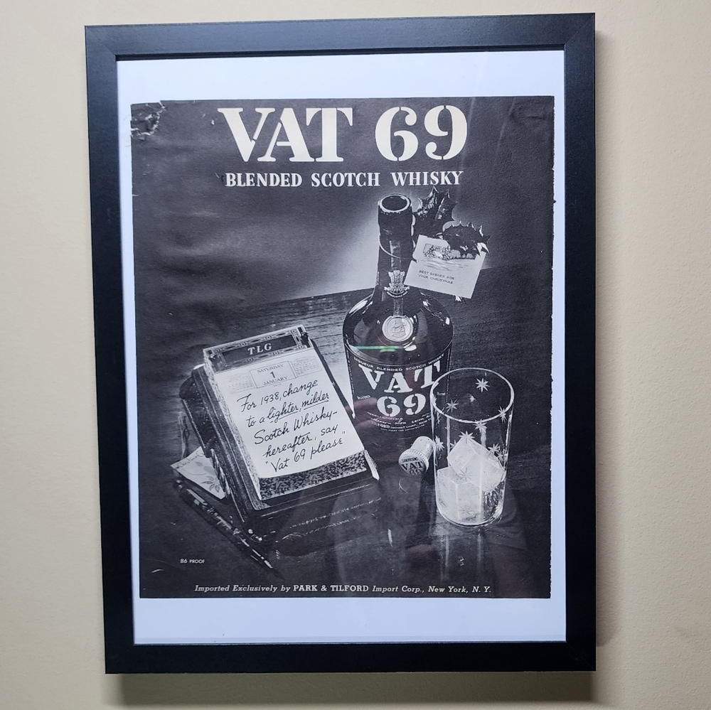 Framed Vintage VAT 69 Scotch Whiskey Ad  1938 Fortune Magazine 12x16 Black Frame